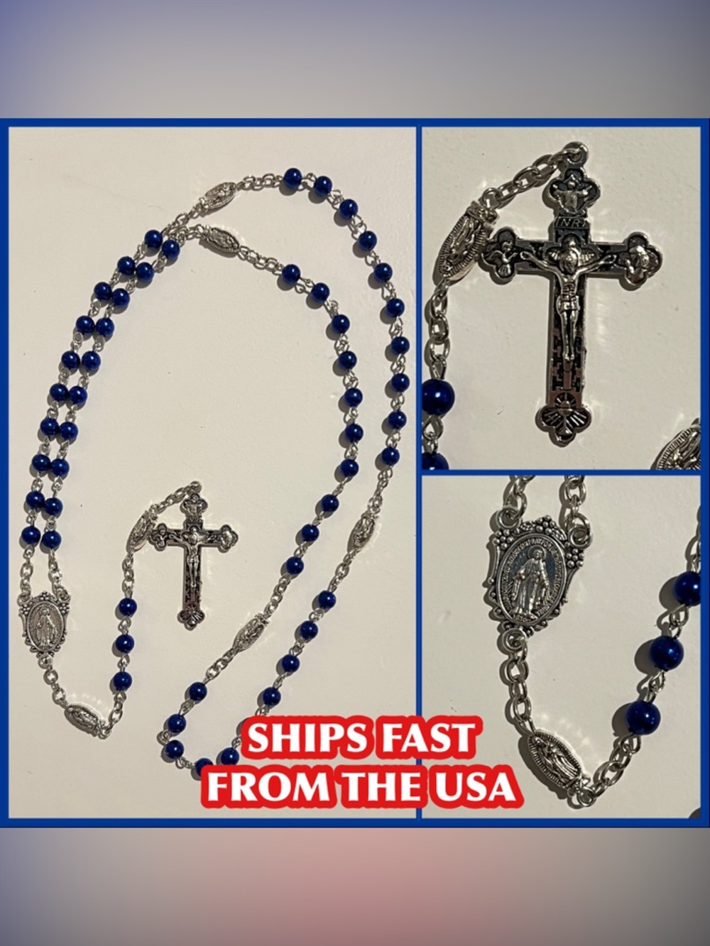 Rosary Beads Necklace Crucifix - Blue
